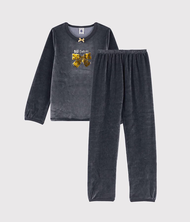 Pyjama petite fille motif n&oelig;ud en velours bleu
