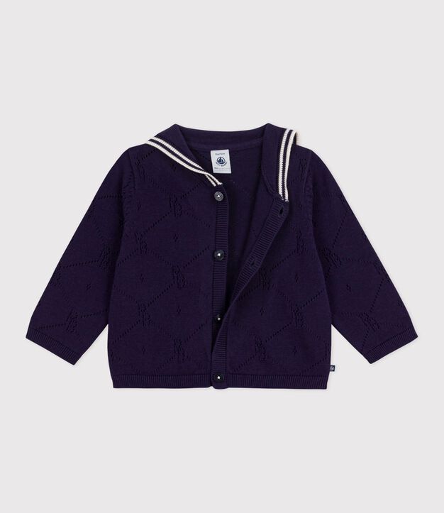 Cardigan b&eacute;b&eacute; &agrave; col marin en coton ajour&eacute; bleu marine