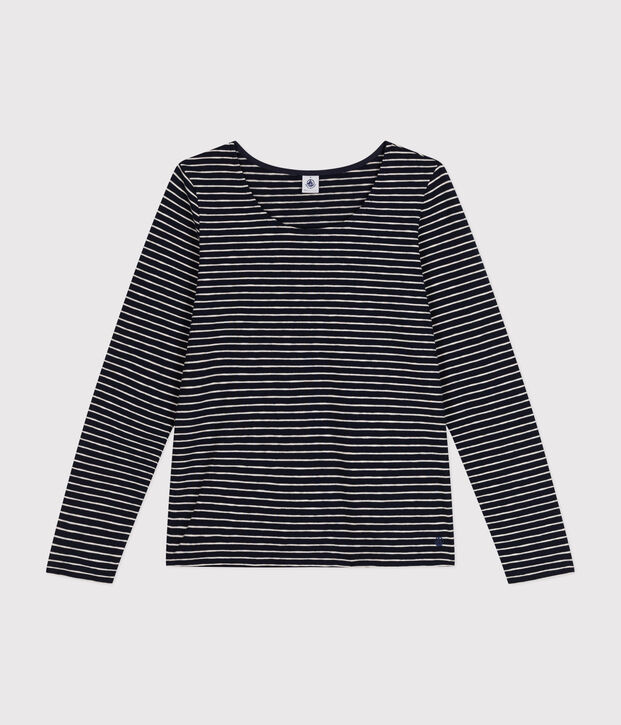 Tee-shirt Le Droit manches longues col danseuse en jersey flamm&eacute; femme bleu/beige