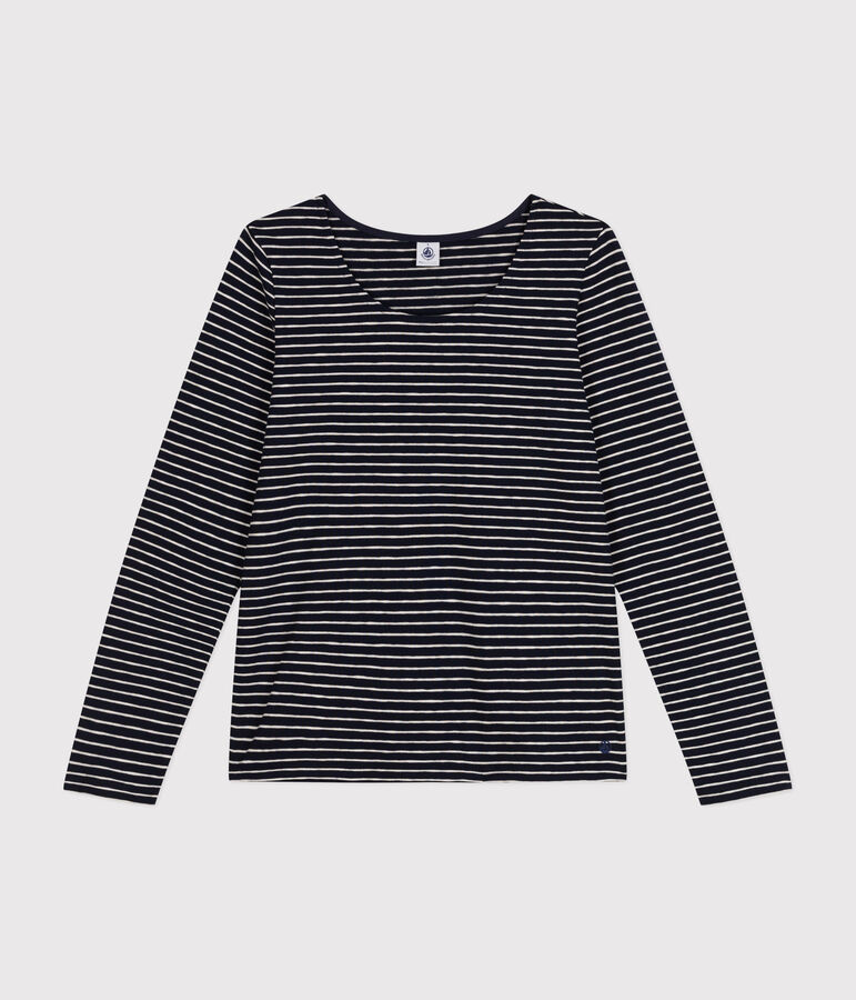 Tee-shirt Le Droit manches longues col danseuse en jersey flamm&eacute; femme bleu/beige