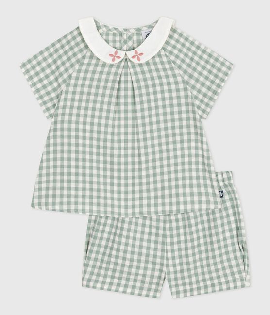Ensemble bébé deux pièces en coton, blouse et short vichy bleu PAUL/blanc MARSHMALLOW