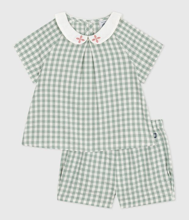 Ensemble b&eacute;b&eacute; deux pi&egrave;ces en coton, blouse et short vichy vert/blanc