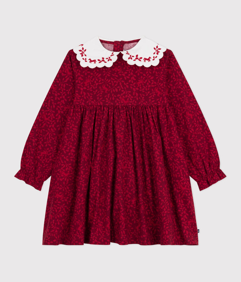 Robe enfant manches longues en flanelle imprim&eacute;e rouge/rouge