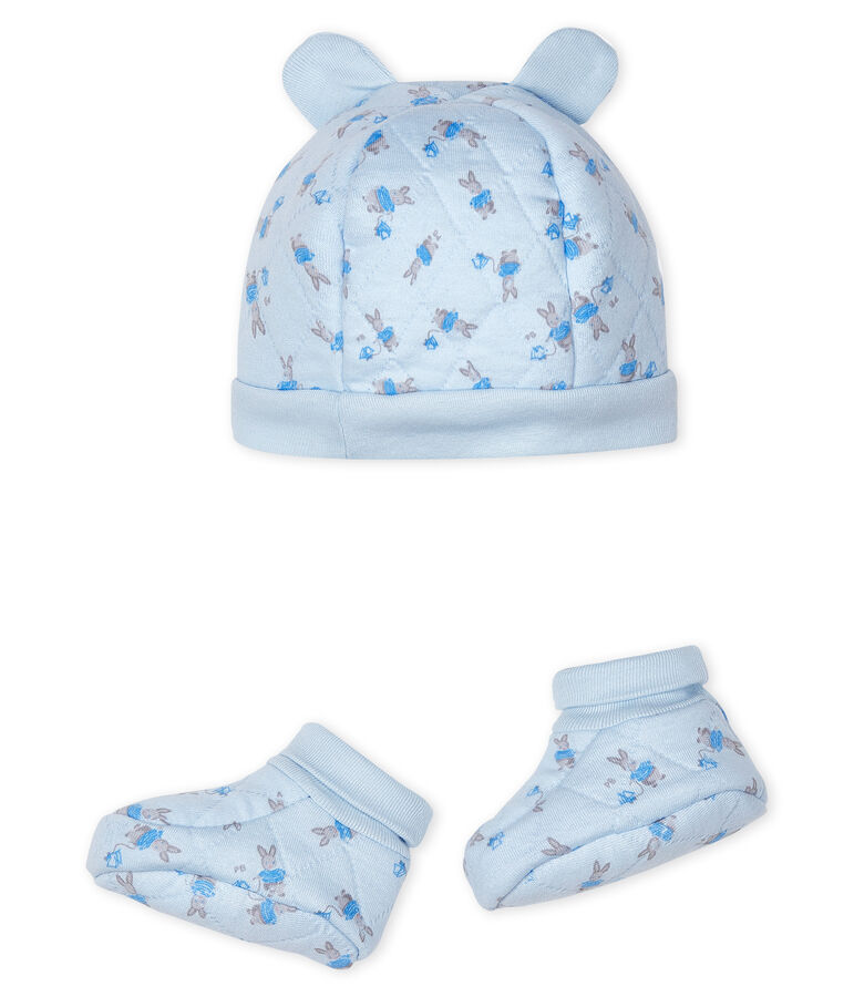 Lot bonnet naissance et chaussons b&eacute;b&eacute; en tubique bleu FRAICHEUR/blanc MULTICO