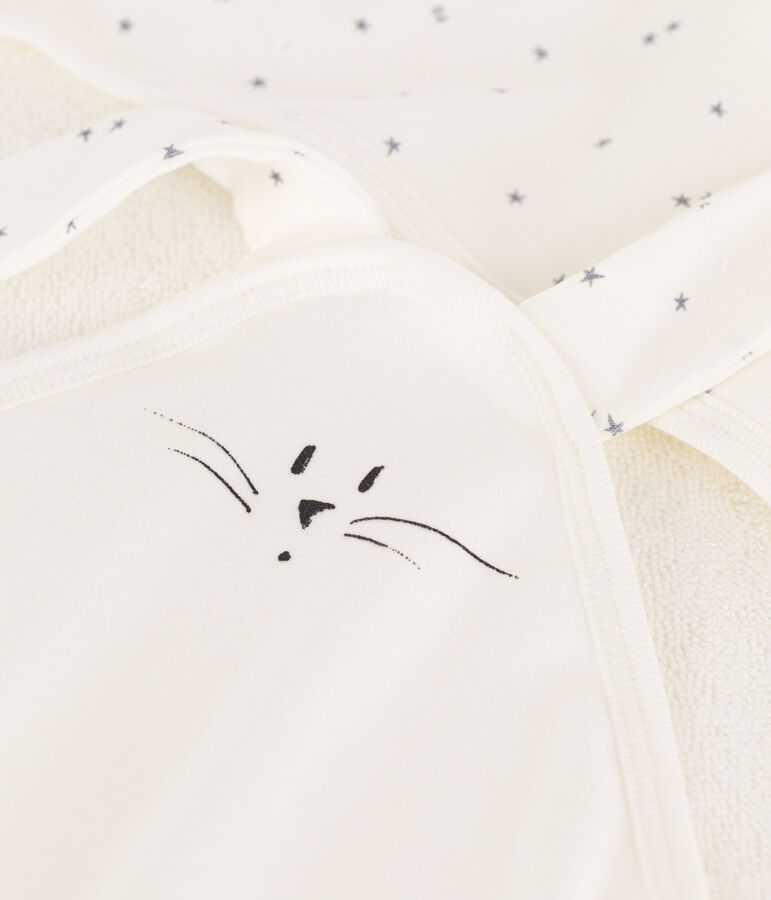 Carr&eacute; de bain et doudou en coton blanc/gris