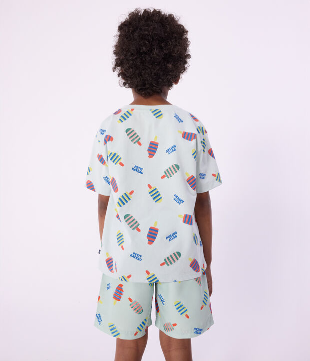 Tee-shirt enfant manches courtes en coton imprim&eacute; mouettes bleu/multicouleur