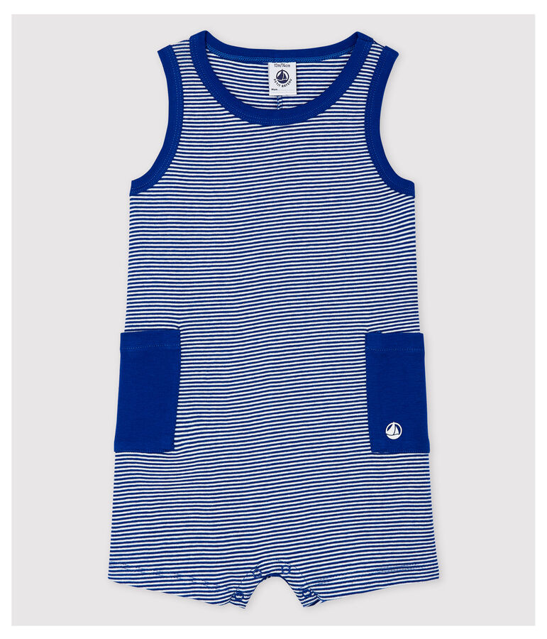 Combinaison courte en c&ocirc;te ray&eacute; b&eacute;b&eacute; gar&ccedil;on bleu SURF/blanc MARSHMALLOW