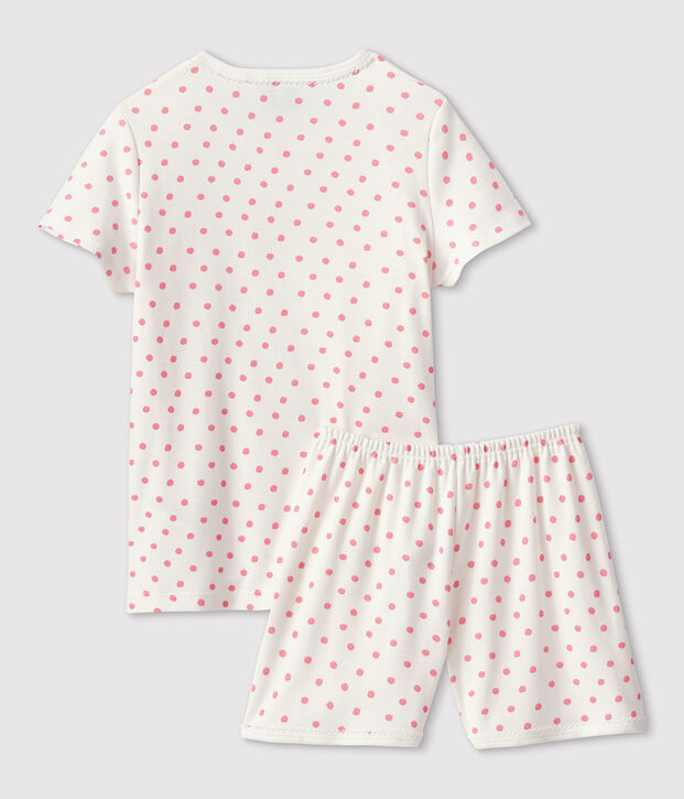 Pyjacourt &agrave; pois roses petite fille en coton blanc/rose