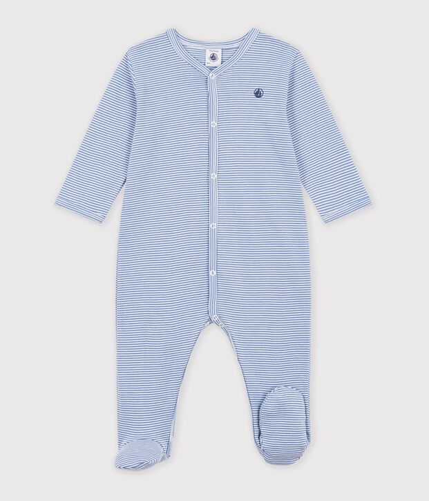 Pyjama b&eacute;b&eacute; en coton &agrave; rayures milleraies bleu/blanc