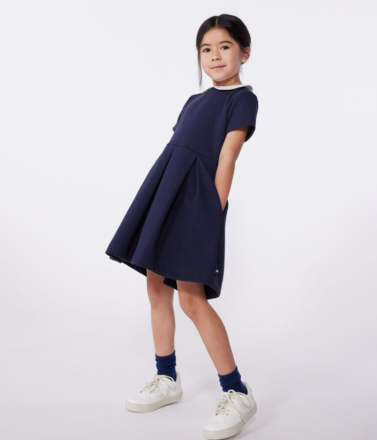 Robe enfant en coton manches courtes unie bleu SMOKING
