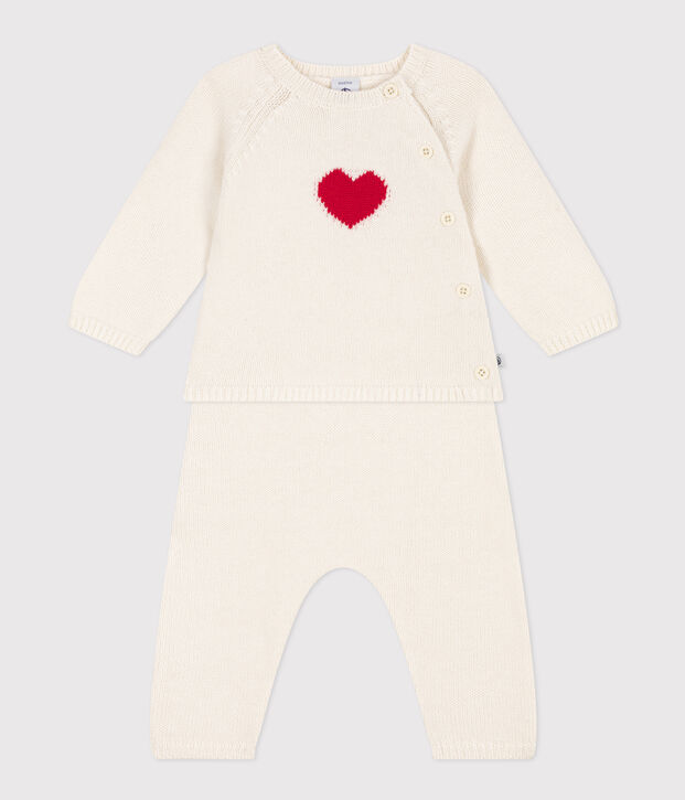 Ensemble en tricot laine et coton motif coeur b&eacute;b&eacute; blanc/rouge