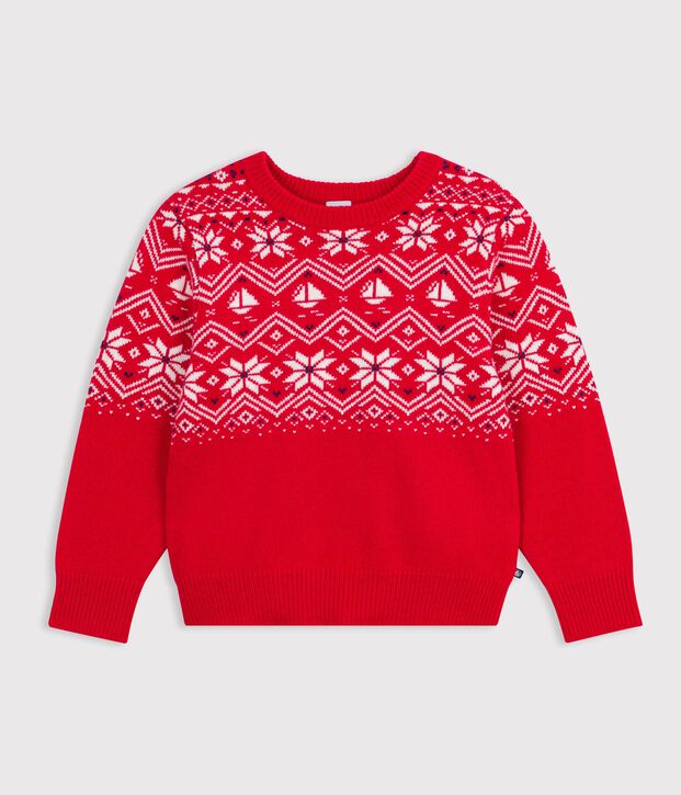 Pull jacquard enfant en laine et coton rouge/multicouleur