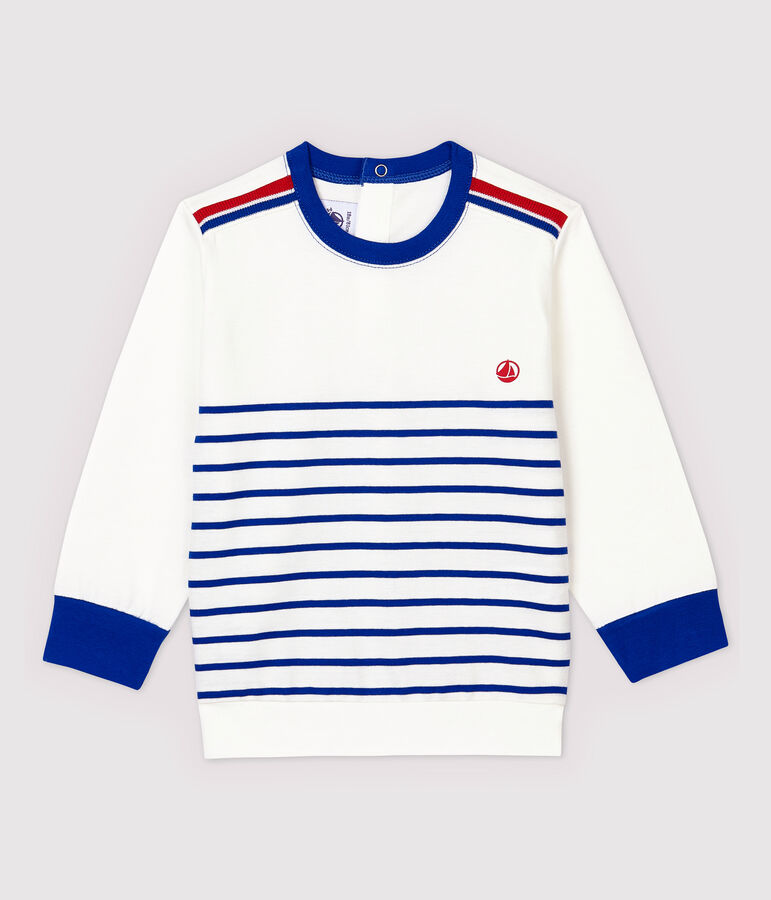Sweatshirt en jersey ray&eacute; b&eacute;b&eacute; gar&ccedil;on blanc MARSHMALLOW/bleu SURF