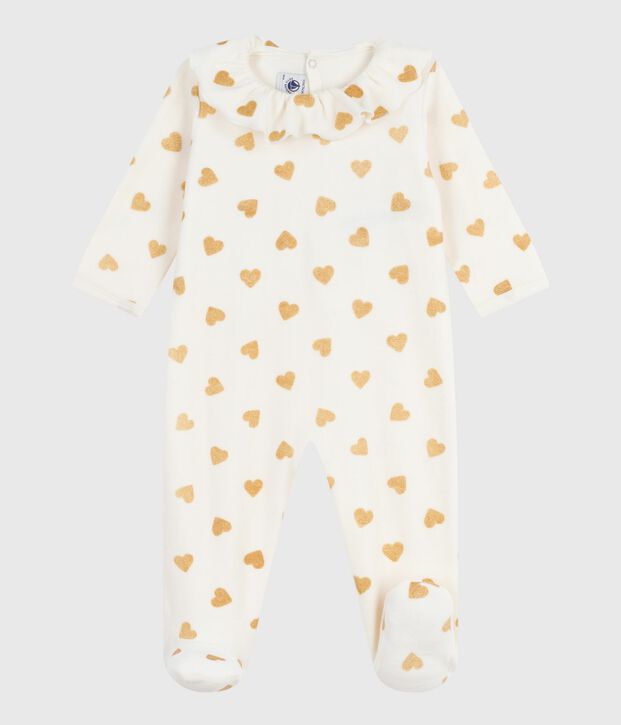 Pyjama b&eacute;b&eacute; en velours ouverture au dos imprim&eacute; c&oelig;urs paillettes &eacute;cru/jaune