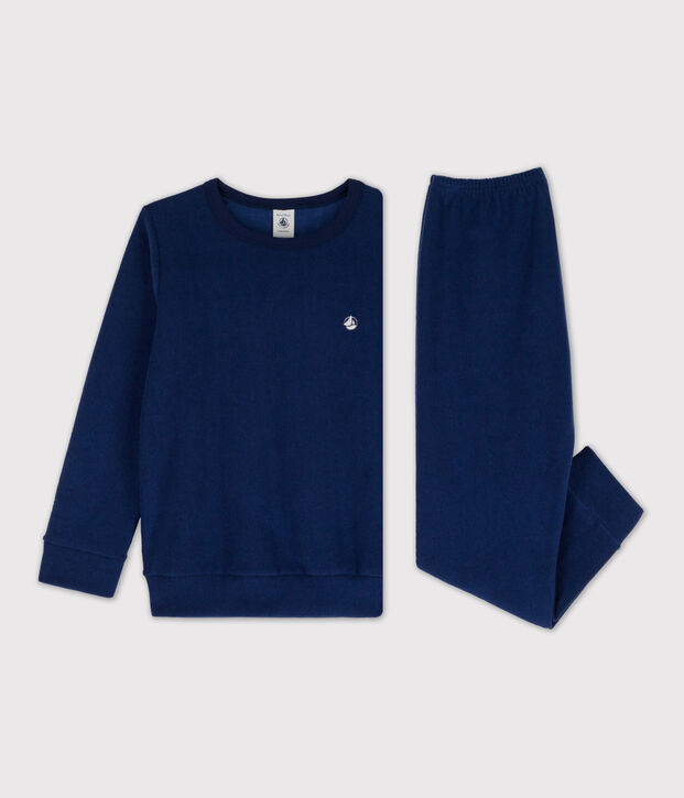 Pyjama en bouclette &eacute;ponge gratt&eacute;e enfant bleu fonc&eacute;