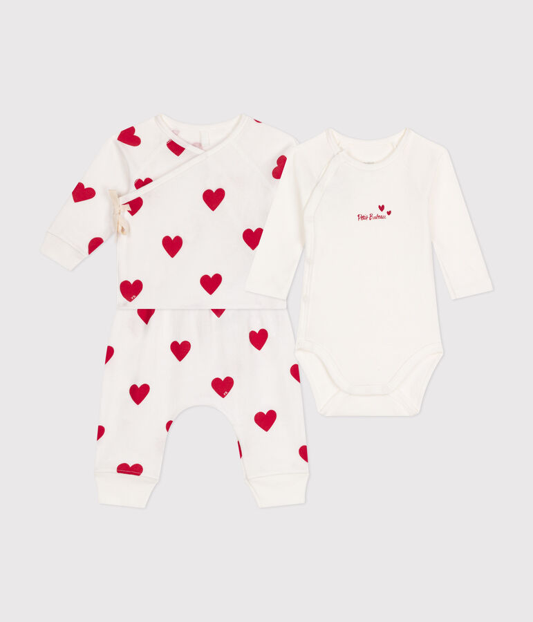Ensemble 3 pi&egrave;ces imprim&eacute; coeur en coton b&eacute;b&eacute; blanc MARSHMALLOW/rouge TERKUIT