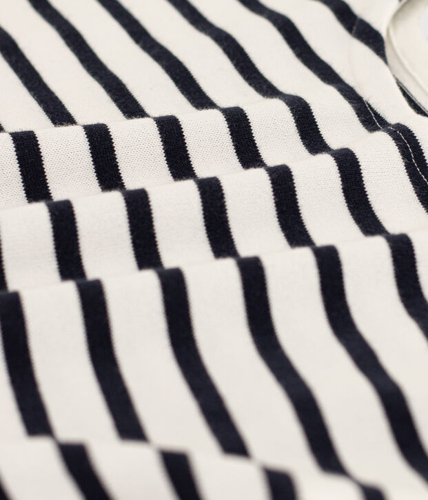 Tee-shirt ray&eacute; manches courtes en coton enfant fille blanc/bleu