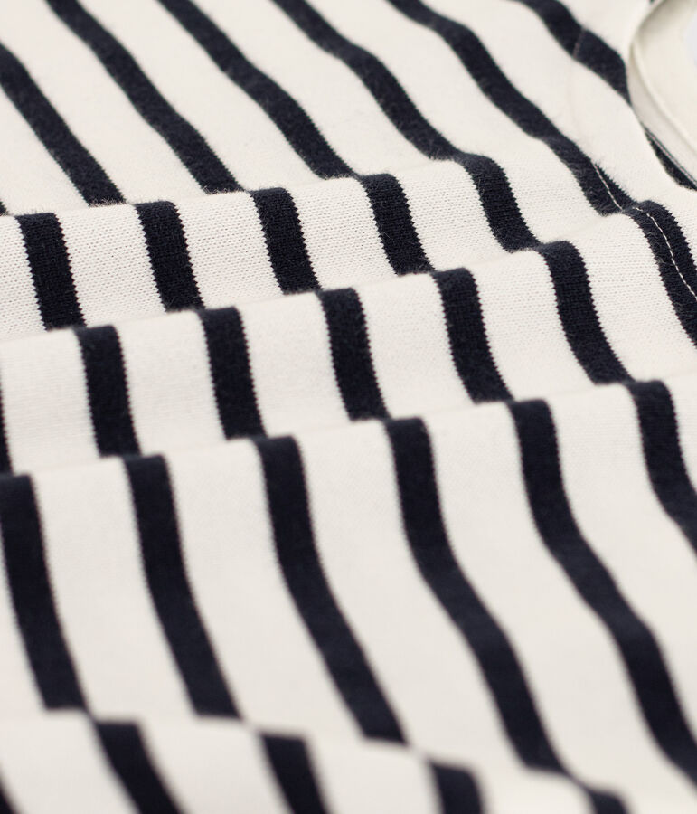 Tee-shirt ray&eacute; manches courtes en coton enfant fille blanc MARSHMALLOW/bleu SMOKING