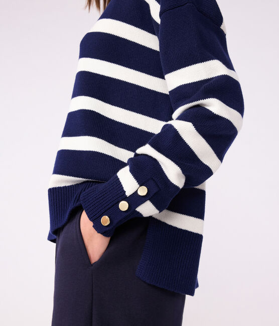 Pull col montant femme en laine et coton à rayures bleu SOIR/ MARSHMALLOW