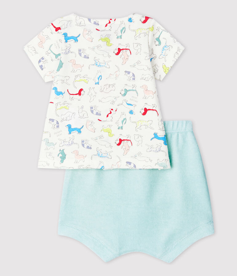 Ensemble 2 pi&egrave;ces chiots color&eacute;s b&eacute;b&eacute; en bouclette &eacute;ponge et en coton biologique blanc MARSHMALLOW/blanc MULTICO