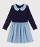 Robe enfant manches longues bi-mati&egrave;re en coton bleu