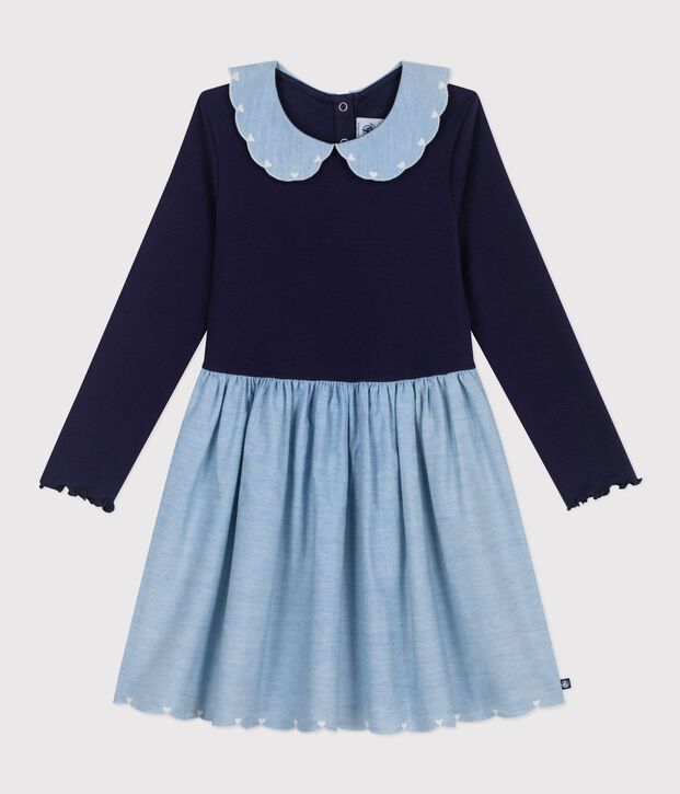 Robe enfant manches longues bi-mati&egrave;re en coton bleu marine