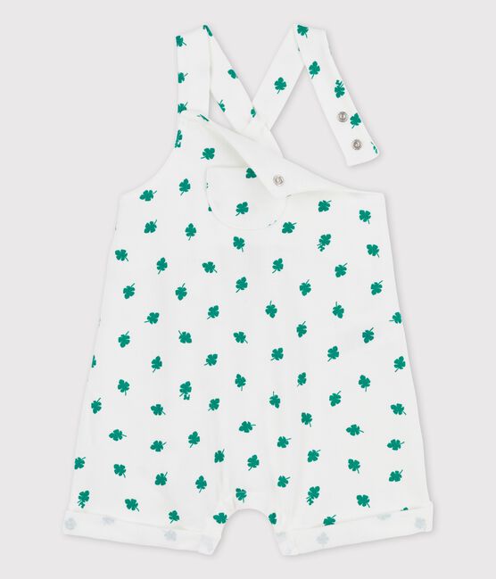 Salopette courte imprimé végétal en molleton bio bébé blanc MARSHMALLOW/vert GAZON