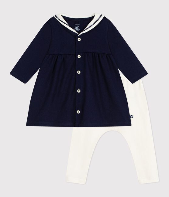 Robe bébé esprit marin et col vareuse et legging en coton bleu SOIR/ MILK