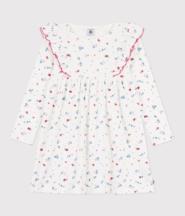 Robe enfant manches longue en coton imprim&eacute;e fleurs blanc/multicouleur