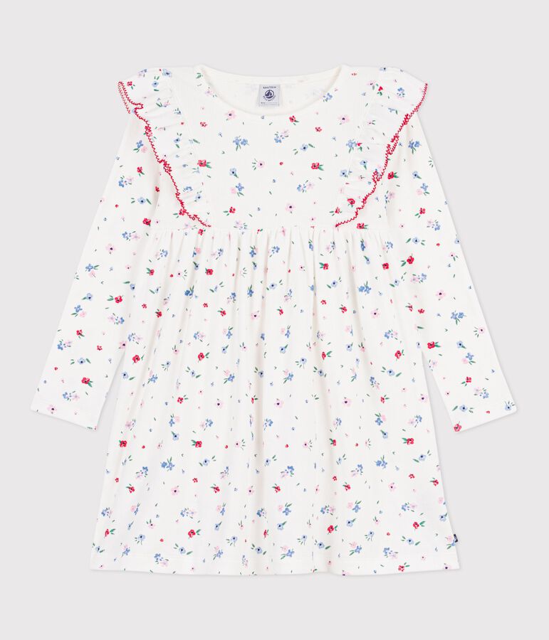 Robe enfant manches longue en coton imprim&eacute;e fleurs blanc/multicouleur