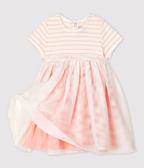 Robe bi-matières manches courtes bébé fille blanc MARSHMALLOW/rose MINOIS