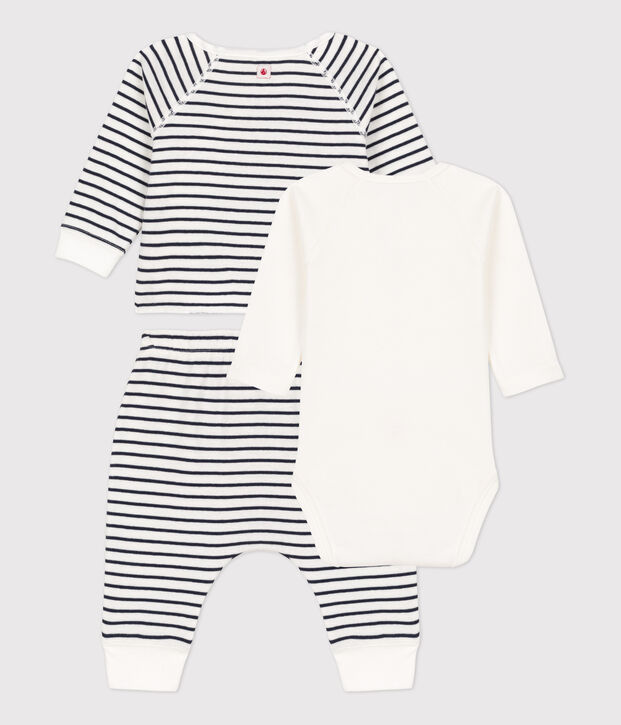 Ensemble 3 pi&egrave;ces iconique en coton bio b&eacute;b&eacute; blanc/bleu