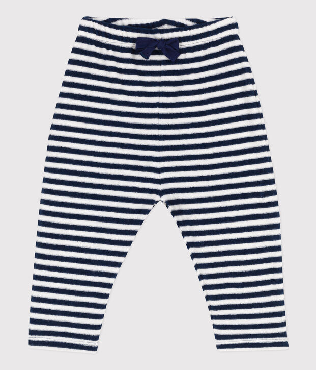 Pantalon b&eacute;b&eacute; en bouclette &eacute;ponge ray&eacute;e bleu/blanc