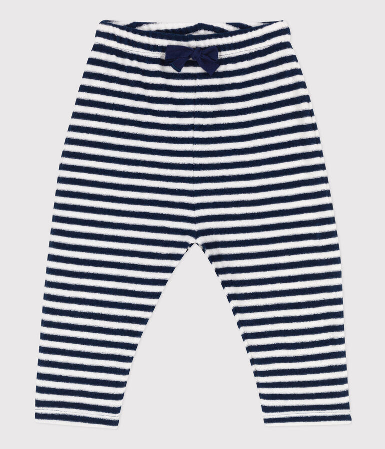 Pantalon b&eacute;b&eacute; en bouclette &eacute;ponge ray&eacute;e bleu MEDIEVAL/blanc MARSHMALLOW