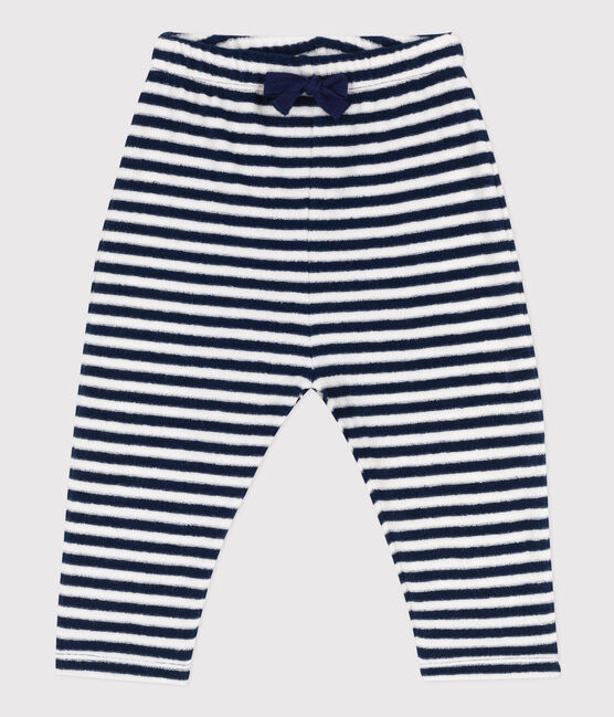 Pantalon bébé en bouclette éponge rayée bleu MEDIEVAL/blanc MARSHMALLOW