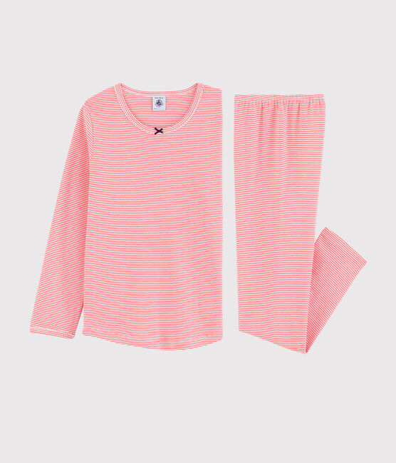 Pyjama à rayures milleraies petite fille en coton rose PEACHY/blanc MARSHMALLOW