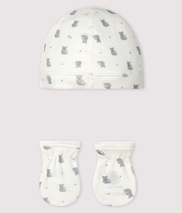 Lot bonnet naissance et moufles b&eacute;b&eacute; en c&ocirc;te multicouleur