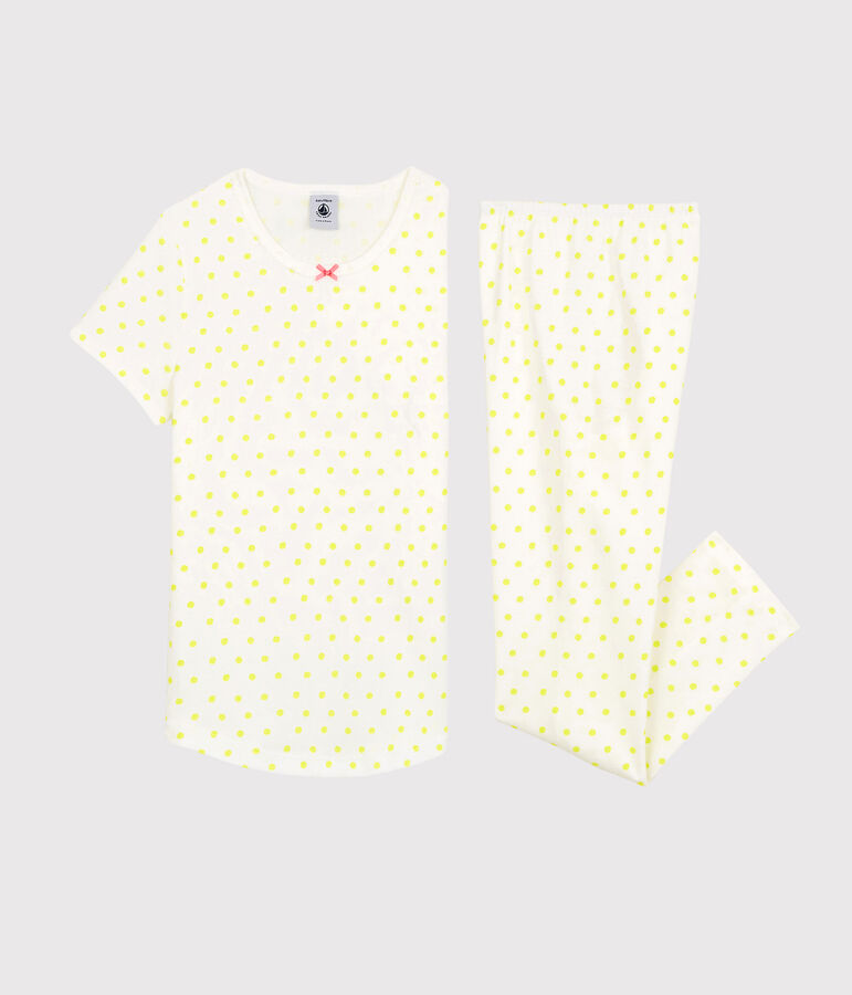 Pyjama &agrave; pois jaunes petite fille en coton blanc MARSHMALLOW/ SUNNY