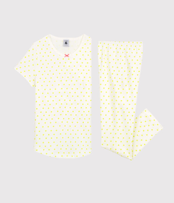 Pyjama à pois jaunes petite fille en coton blanc MARSHMALLOW/ SUNNY
