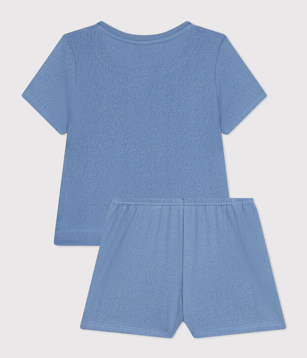 Pyjacourt uni en coton ajour&eacute; petite fille bleu