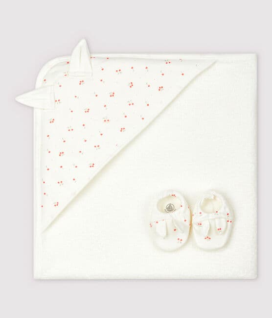 Coffret carré de bain et chaussons bébé en éponge et coton biologique blanc MARSHMALLOW/blanc MULTICO