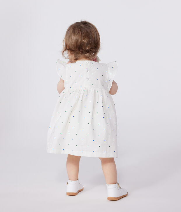 Robe blanche b&eacute;b&eacute; en coton et son bloomer, imprim&eacute;s &agrave; pois blanc/multicouleur