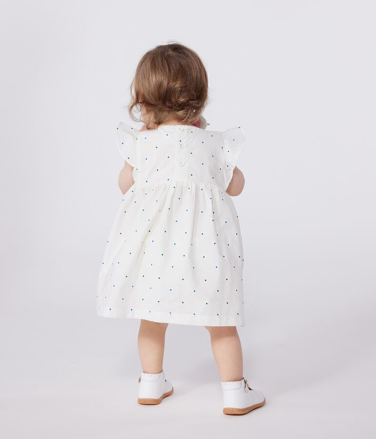 Robe blanche b&eacute;b&eacute; en coton et son bloomer, imprim&eacute;s &agrave; pois blanc MARSHMALLOW/blanc MULTICO