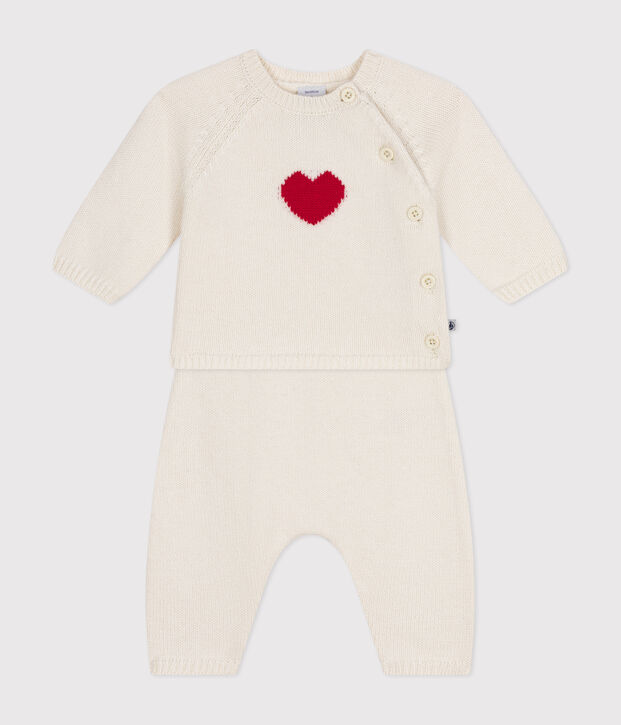 Ensemble en tricot laine et coton motif coeur b&eacute;b&eacute; blanc/rouge