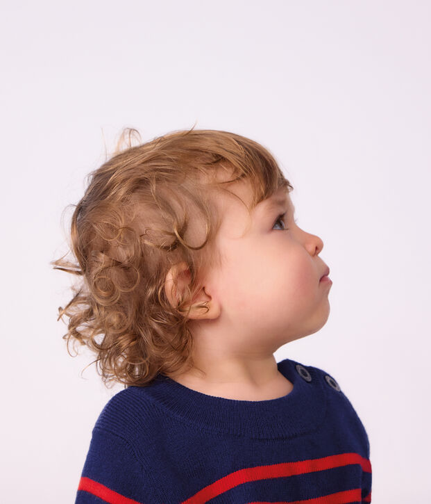 Pull marin b&eacute;b&eacute; en laine et coton &agrave; rayures bleu/rouge