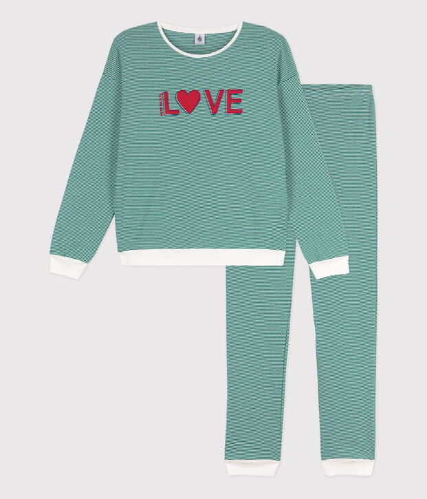 Pyjama milleraies femme en coton vert/blanc
