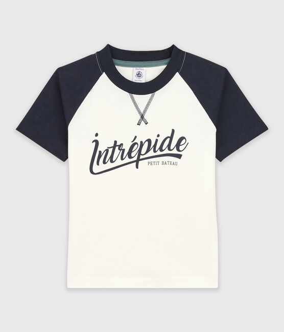 Tee-shirt manches courtes en jersey enfant garçon blanc MARSHMALLOW/bleu SMOKING