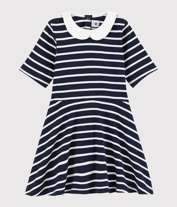 Robe manches courtes en coton enfant fille bleu/blanc