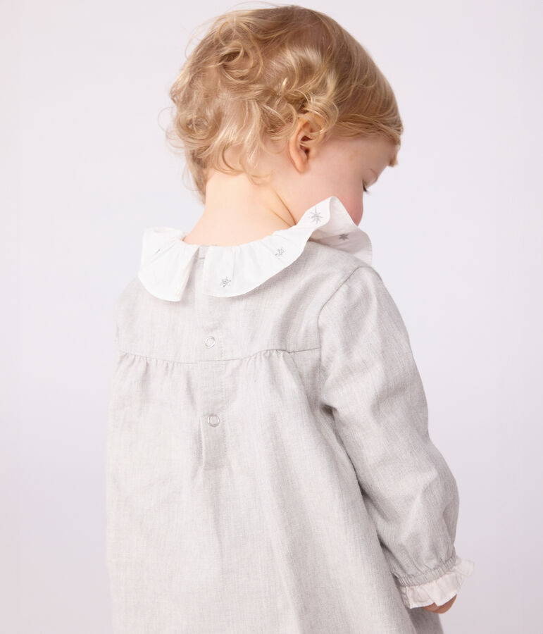 Robe b&eacute;b&eacute; en flanelle manches longues unie &agrave; col gris FUMEE CHINE