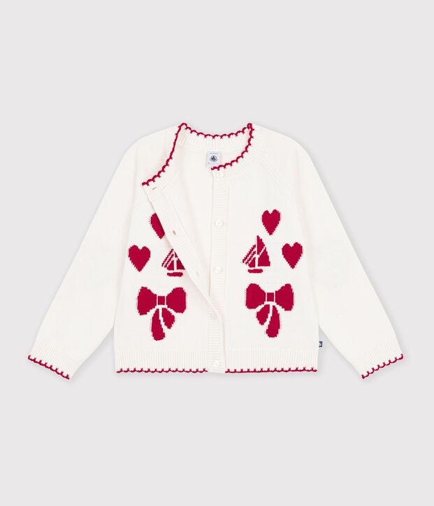 Cardigan enfant en laine et coton &agrave; motifs blanc/rouge